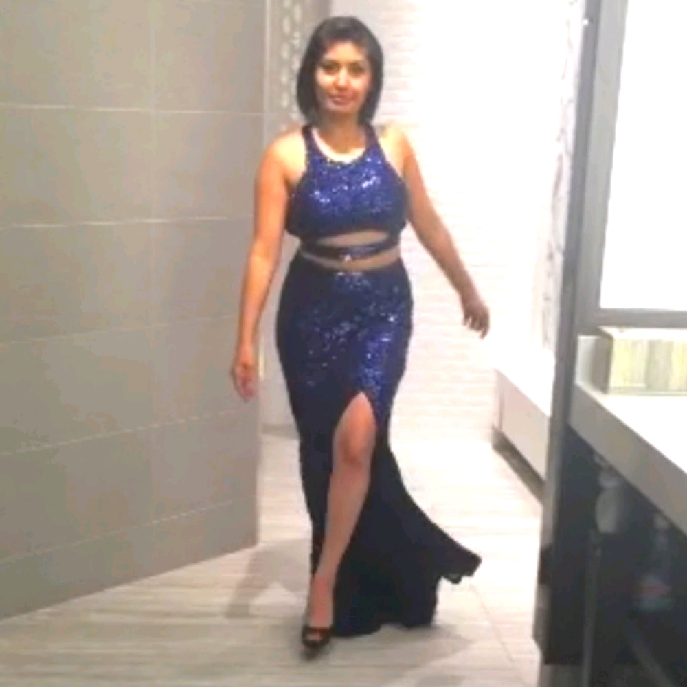 Blue sequined dress.
